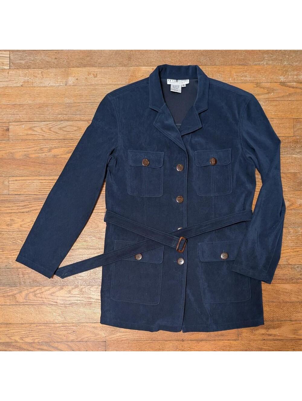 Vintage 90s Saks Fifth Avenue Navy Suede Belted Safari Jacket Small